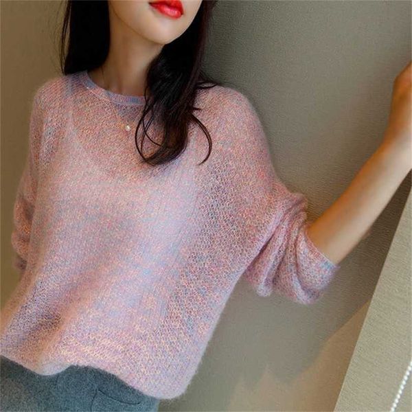 

women's pink mohair sweater pullover o-neck hollow korean long sleeve fall fashion casual lazy simple cute jumpers 211217, White;black
