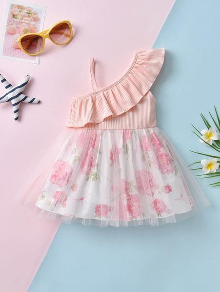 

baby floral print mesh overlay ruffle trim asymmetrical neck dress she, Red;yellow