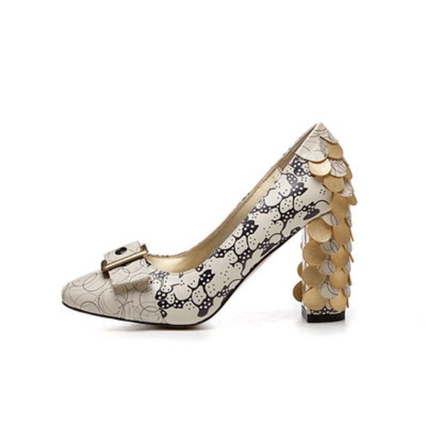 

dress shoes spring and summer chunky high-heel printing square head metal ssquare buckle color matching shallow mouth women's size34-43, Black