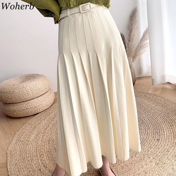 

woherb women knitted pleated skirt slim faldas solid color casual a-line skirts chic autumn winter high waist saia woman, Black