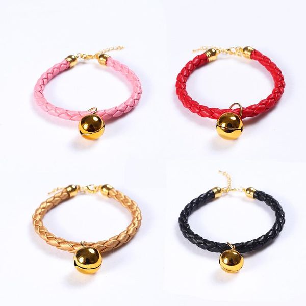 

cat collars & leads collar weaving pu leather adjustable pet bell dog firm smooth simple necklace supplies wholesale
