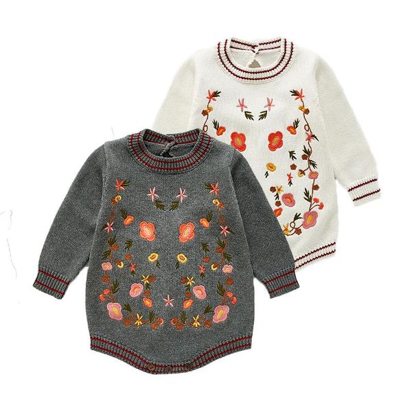 

rompers girls winter knitted kids children exquisite flower pattern retro style warm bodysuits baby infants clothes, Blue