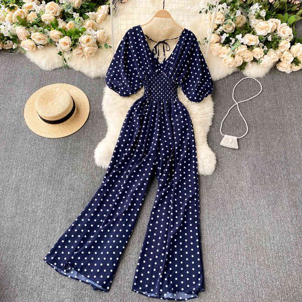 

singreiny women polka dot rompers korean v neck backless puff sleeve jumpsuits summer chic elastic ruched wide leg rompers 210419, Black;white