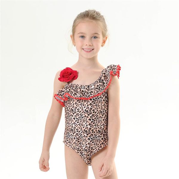 

one-pieces baby girls summer fashion personality leopard swimsuit,children ruffles one-shoulder suspender triangle swimsuit, Black