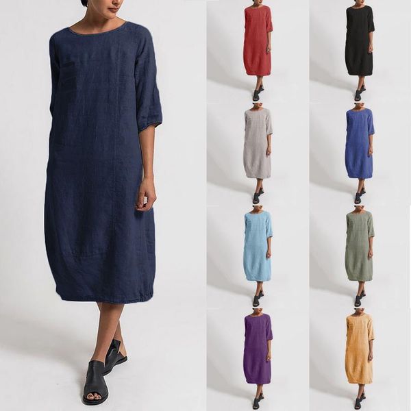 

casual dresses simple vintage solid color women dress shirt cotton linen short summer korean vestidos festa mujer, Black;gray