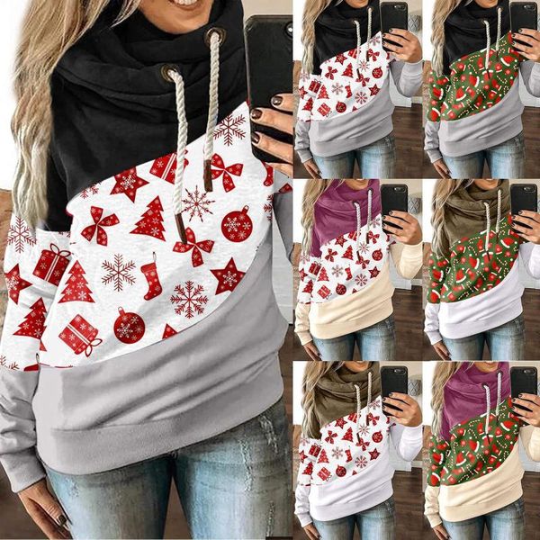 

women's hoodies & sweatshirts ladies high neck stitching christmas drawstring print long-sleeved hooded sweatershirt comfy quality, Black