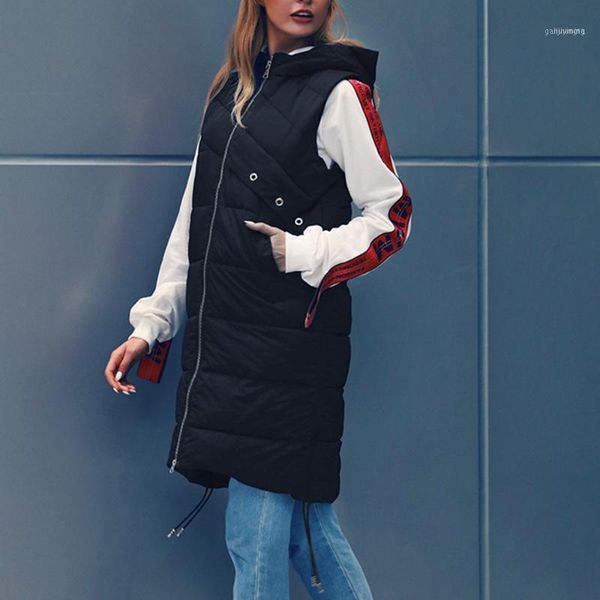 

coat winter women casual solid parka style femme warm hooded sleeveless zip up long parkas mujer 20211, Black