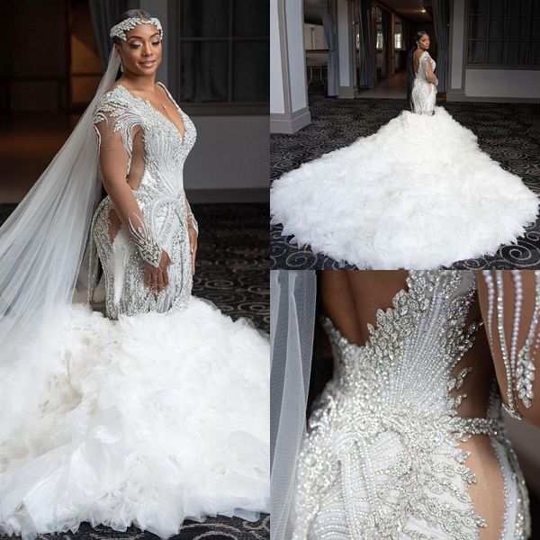 

beautiful wedding dress crystals lace beaded long sleeve deep v-neck mermaid sweep train wedding gown, White