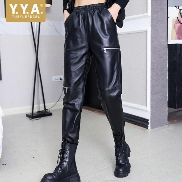 

harem pants womens genuine leather sheepskin elastic waist pockets asymmetry korean style fashion casual ankle length women's & capris, Black;white