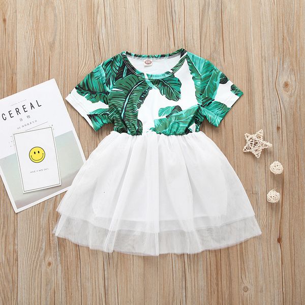 

ins net red girl's summer short sleeve dress baby girl's mesh princess skirt with leaf pattern