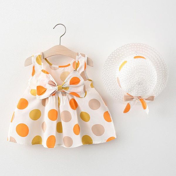 

girl's dresses keelorn baby girls 2021 summer toddler girl dot print clothing sleeveless cotton infant bow vestido with sunhat, Red;yellow