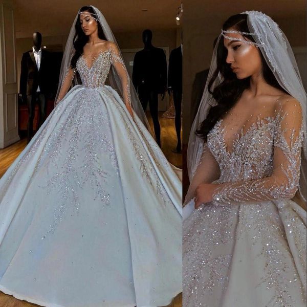 2021 Dubai Árabe Luxo Uma Linha Vestidos de Noiva Formal Vestido de Noiva Jewel Neck Illusion Sheer Crystal Beading Mangas Compridas Cetim Ba284J