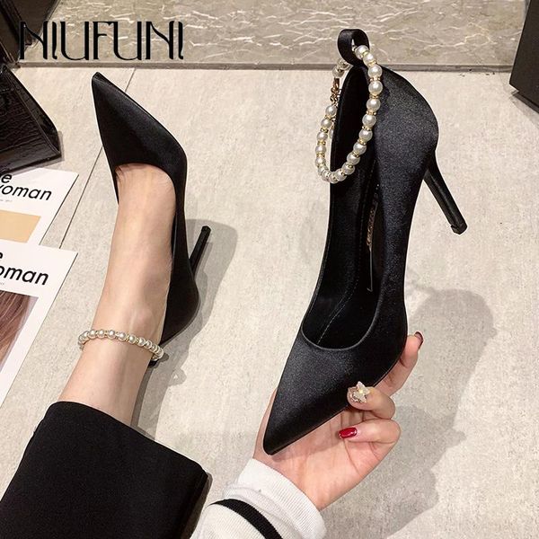 

dress shoes pointed pump high heels beaded ankle women stiletto party wedding shoe silk slip-on quality women's autumn, Black