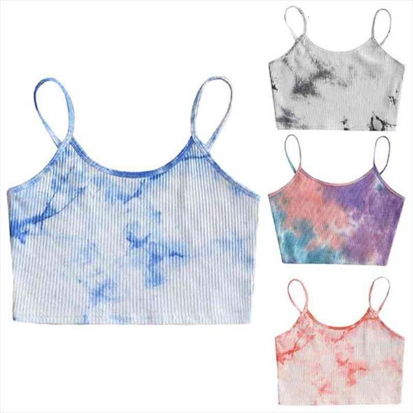 

tie-dye fashion crop women backless sleeveless spaghetti strap tank vest summer streetwear cropped feminino, White