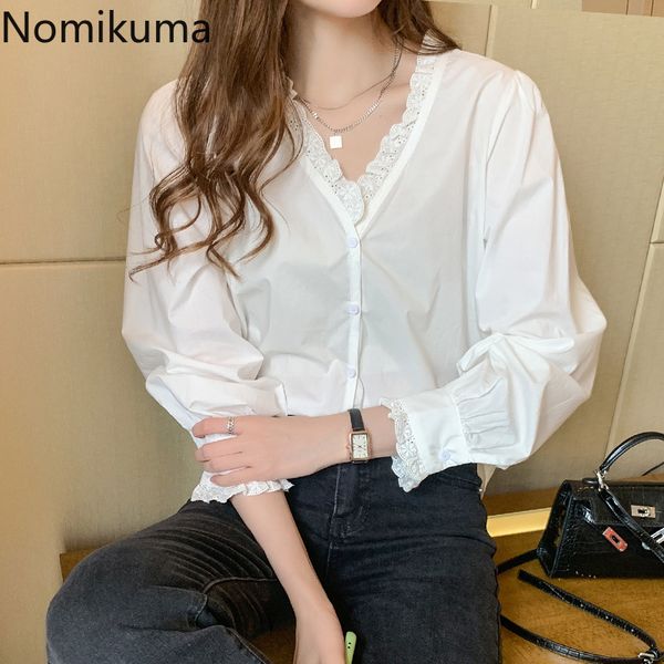 

nomikuma blusas mujer v neck long sleeve white shirts lace patchwork single breasted elegant blouse solid color retro 3c690 210514