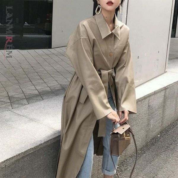 

women's trench coats lanmrem 2021 autumn fashion long type pu leather windbreaker loose single-breasted coat black clothing yg625, Tan;black