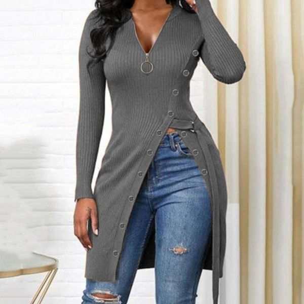

women's sweaters shirt solid color high split long v neck ribbed sweater for autumn winter casual zipper loose oversize pullover, White;black