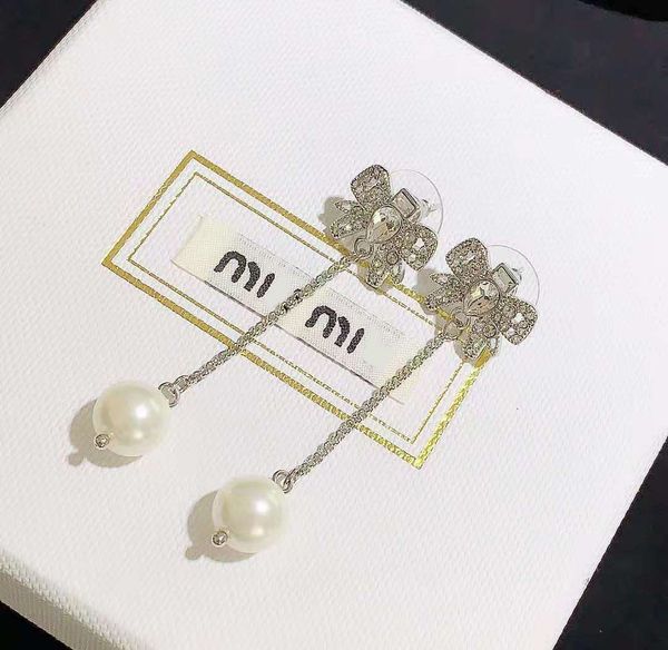 

miao early spring new pearl bow earrings inlaid with zircon ins style sweet temperament long earrings, Silver