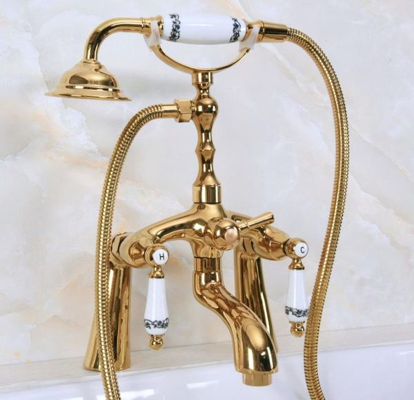 

gold color brass deck mount bathroom tub faucet dual ceramic handles telephone style hand shower clawfoot filler ana135 sets