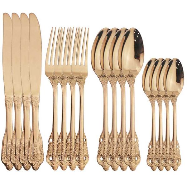 Western 16Pcs Set di stoviglie in oro rosa 304 Posate in acciaio inossidabile Coltello Forchetta Cucchiaio Stoviglie Cena di casa Argenteria 211012