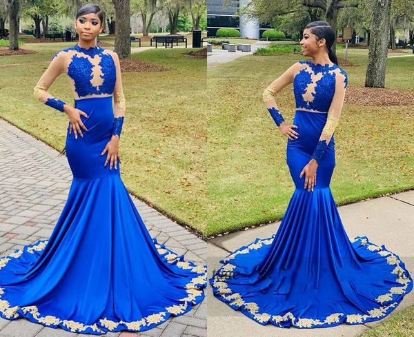

fashion royal blue gold embroidery mermaid evening bridesmaid dresses satin see through applique hollow back pageant cocktail homecoming pro, Black;red