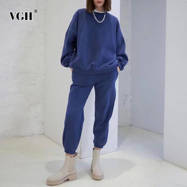

women's two piece pants vgh deep blue casual trouser suits female round neck long sleeve sweatshirt high waist sweatpants loose women&#, White