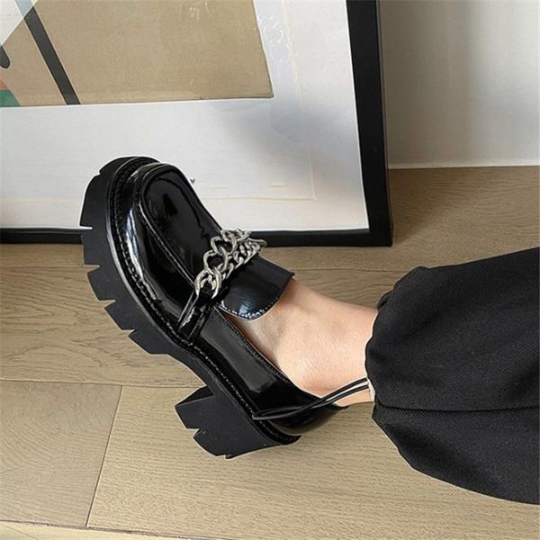 

vintage punk rock gothic loafers women real genuine leather metal chain block chunky high heel platform thick sole shoes dress, Black