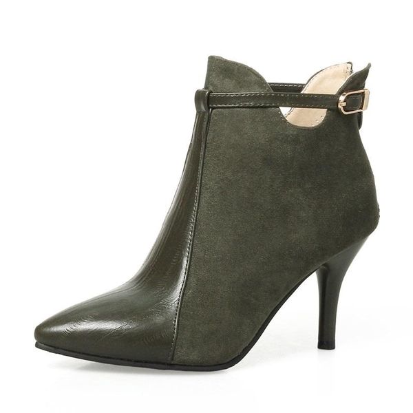 

boots women est zipper super high thin heels pointed toe flock and pu metal buckle fashion three colors booties, Black