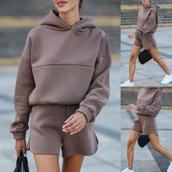 

solid color short two womens pants piece set outfits long sleeve hooded pullovers loose shorts 2 tracksuits, White