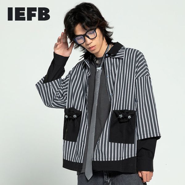 

iefb / men's wear black stripe fake two piece patchwork shirts for male spring long sleeve single breasted 9y4131 210524, White;black