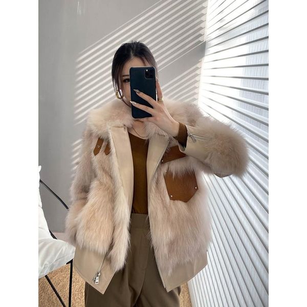 

women's fur & faux 2021 fxfurs fashion imported real coat female haining and leather overcoat young, Black