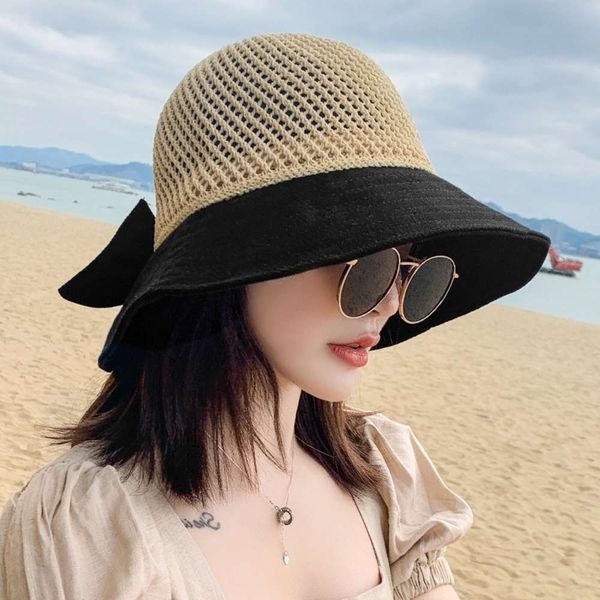 

sun hat bowtie children's korean fashion versatile woven sunshade sun hat to cover face and prevent uv in summer, Blue;gray