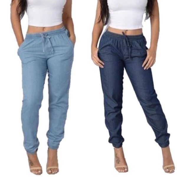 

women's jeans high waist women drawstring denim pants clothing over size casual blue retro trousers