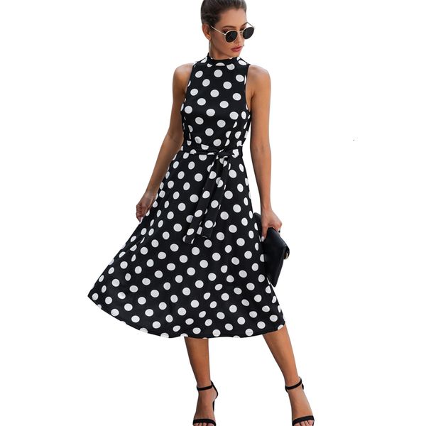

casual dresses elegant polka dot print women o neck sleeveless lace up midi summer vintage boho black dress vestidos 64kf, Black;gray