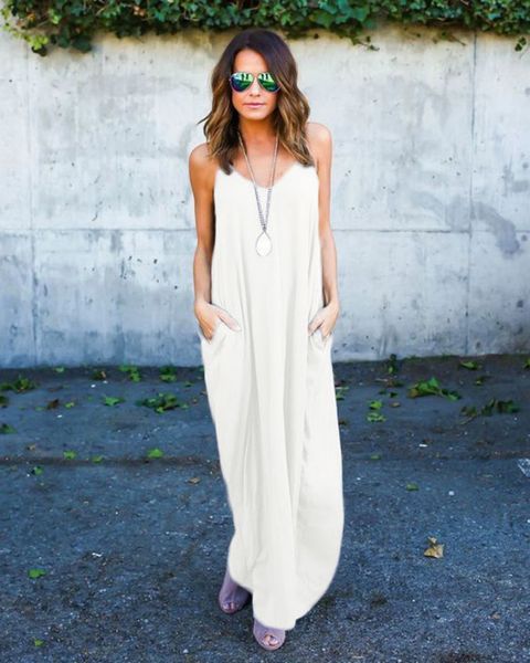 

beach dress summer irregular suspender round neck pocket skirts, White
