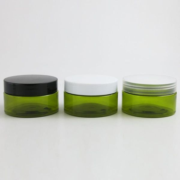 

100g 3.33oz empty green medium plastic cosmetic jar 100cc packaging with white black clear lids seal storage bottles & jars