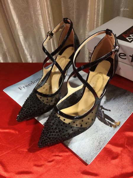

sandals comely heels toe bling pointed cross summer tied women rhineestones ladies mesh stilettos wedding evening party high1 ixc6, Black