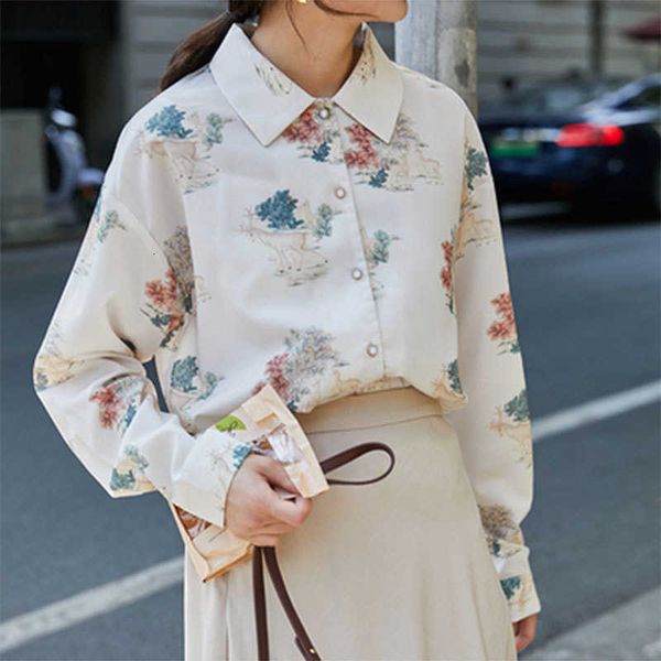 

women's blouses & shirts autumn korea fashion women long sleeve turn-down collar casual shirt vintage print chiffon loo g1zc, White