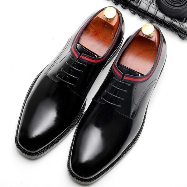 

dress shoes summer layer cowhide patent leather british business suits youth lace-up footwear fashion men's, Black