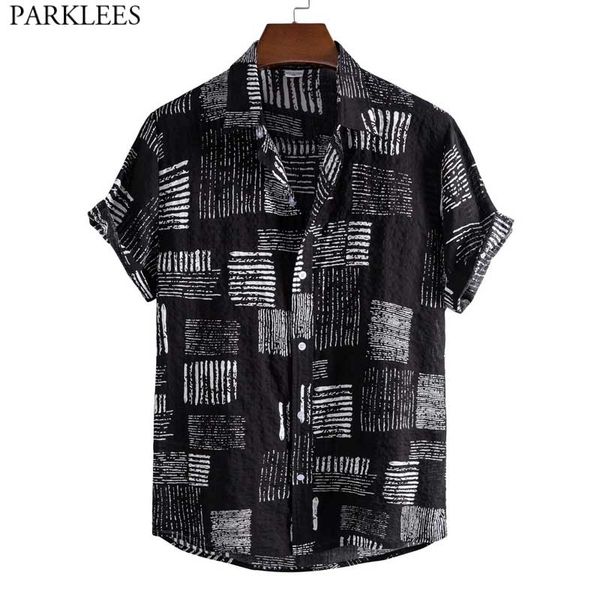 

funky black hawaiian aloha shirt for men summer short sleeve casual button down beach shirts mens party vacation clothing 210522, White;black