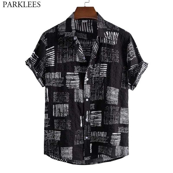 Funky Black Hawaiian Aloha Camisa para Homens Verão Summer Manga Curta Botão Casual Para Down Beach Camisas Mens Party Vestuário Roupas 210522