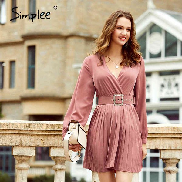 

v-neck solid women work office long sleeve belt pleated mini spring autumn slim ladies dress 210414, Black;gray