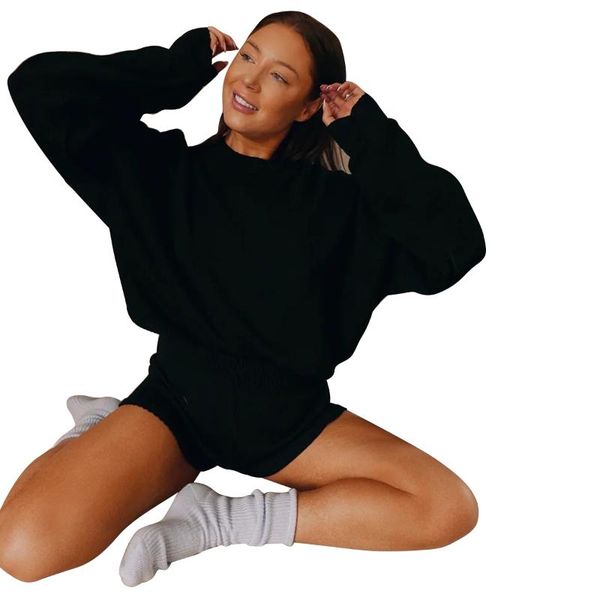 

women's tracksuits women 2pcs casual knit clothes set ladies autumn solid long sleeve round neck loose sweater + high waist shorts s, Gray