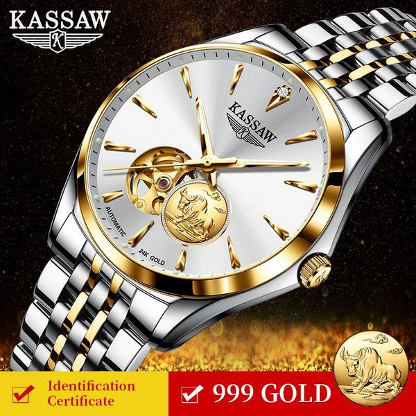 

wristwatches kassaw 41.5mm men luxury automatic mechanical wrist watch stainless steel waterproof relogio masculino, Slivery;brown