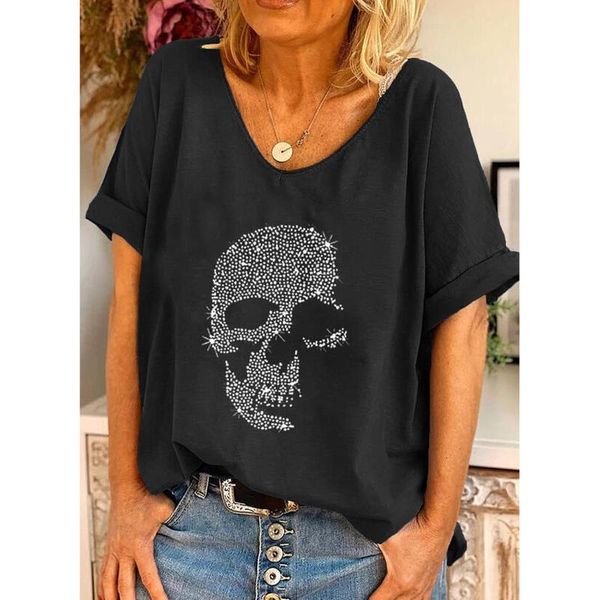

women's t-shirt women fashion v-neck skull print short sleeve graphic t shirts vintage oversized tee for ladies haut femme, White