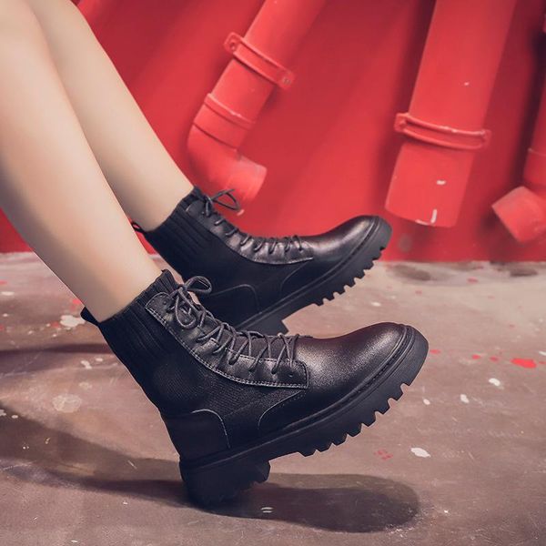 

boots 2021 solid black leather female warm plush ankle for women shoes woman lace up mesh platform plus size