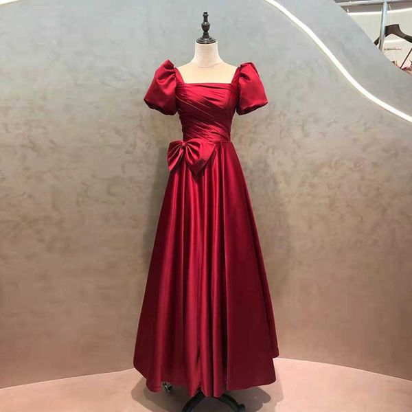 

luxury evening dress satin toast bridal wine red wedding 2021 french bubble sleeve back door evening skirt women's autumn, Black;gray