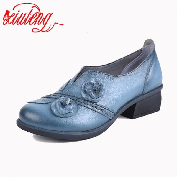 

dress shoes xiuteng 2021 handmade women chunky heels pumps round toe high genuine leather sandals, Black
