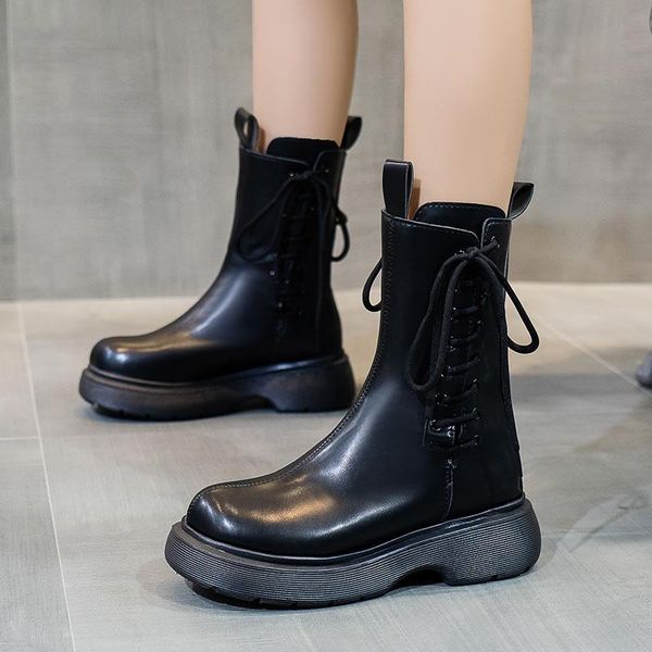 

boots rimocy women double lace up chunky ankle 2021 pu leather thick platform shoes woman black autumn winter motorcycle booties