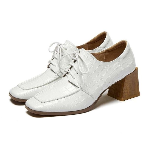 

big size european style genuine leather square toe high heels young lady streetwear lace up basic women pumps l6f2 dress shoes, Black